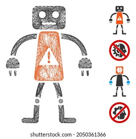Vector net robot danger. Geometric hatched carcass 2D net made from robot danger icon, designed from intersected lines. Some other icons are added.