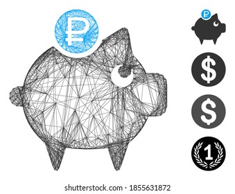 Vector net rouble piggy bank. Geometric linear frame 2D net made from rouble piggy bank icon, designed from intersected lines. Some bonus icons are added.