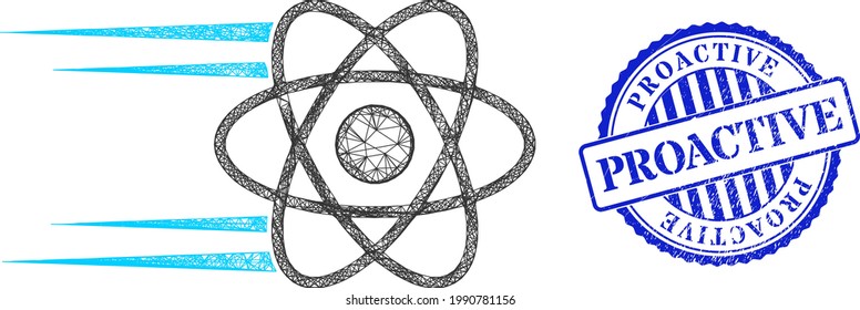 Vector net rush atom carcass, and Proactive blue rosette dirty seal. Hatched carcass net illustration created from rush atom pictogram, generated from crossing lines.