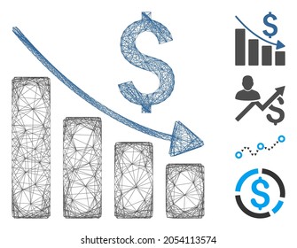 Vector net sales crisis chart. Geometric hatched carcass flat net generated with sales crisis chart icon, designed with intersected lines. Some bonus icons are added.