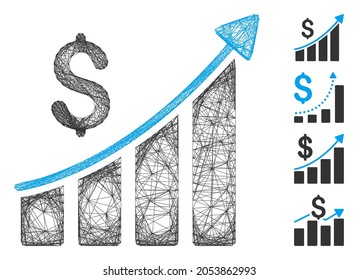Vector net sales growth bar chart. Geometric hatched carcass 2D net generated with sales growth bar chart icon, designed with crossing lines. Some additional icons are added.