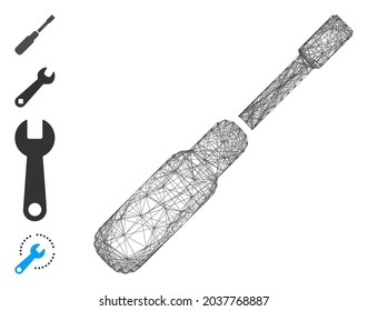 Vector net screwdriver. Geometric wire frame flat net made from screwdriver icon, designed from intersected lines. Some bonus icons are added.