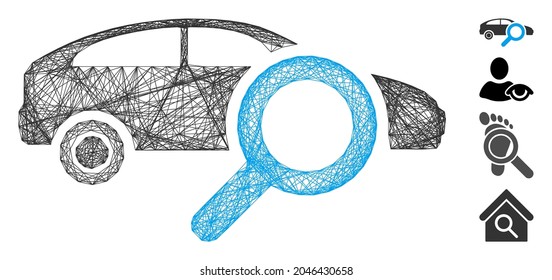 Vektornetz-Suchwagen. Geometrisches schraffiertes Flachnetz aus dem Suchwagensymbol, entworfen aus gekreuzten Linien. Es werden einige ähnliche Symbole hinzugefügt.