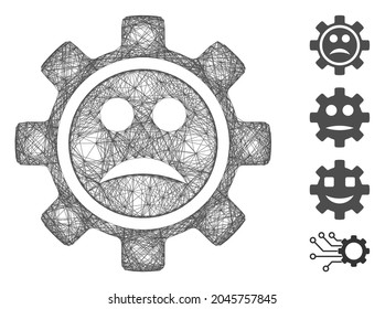 Vector net service gear sad smiley. Geometric hatched frame 2D net generated with service gear sad smiley icon, designed with crossing lines. Some bonus icons are added.