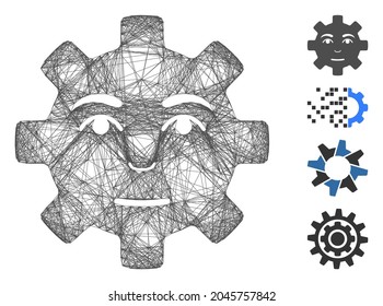Sonrisa en los engranajes de servicio de red vectorial. Red plana de canales con tramas geométricas, hecha de un icono de sonrisa de engranajes de servicio, diseñada a partir de líneas entrelazadas. Se añaden algunos iconos adicionales.