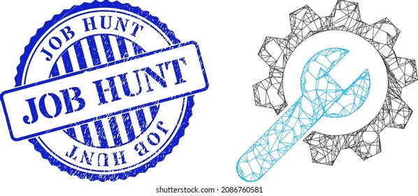 Vector net service wheel framework, and Job Hunt blue round dirty seal print. Wire carcass net image created from service wheel pictogram, is generated from intersected lines.