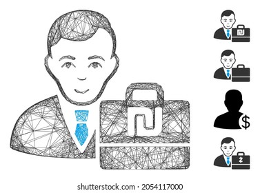 Vector net shekel accounter. Geometric hatched frame flat net generated with shekel accounter icon, designed with crossed lines. Some bonus icons are added.