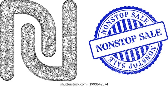 Vector net shekel currency frame, and Nonstop Sale blue rosette dirty seal print. Wire frame net symbol created from shekel currency icon, made from crossing lines.
