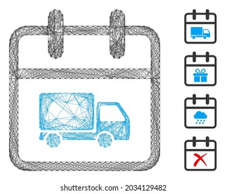 Vector net shipping day. Geometric wire frame flat net generated with shipping day icon, designed with crossing lines. Some bonus icons are added.