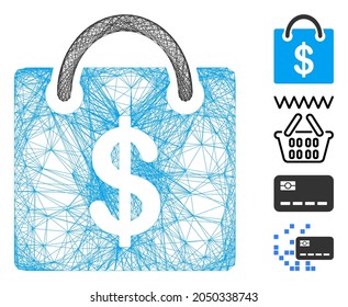 Vector net shopping bag. Geometric hatched frame flat net generated with shopping bag icon, designed with crossing lines. Some additional icons are added.