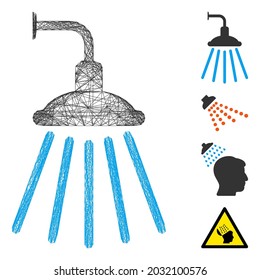 Vector net shower. Geometric wire frame 2D net made from shower icon, designed from crossing lines. Some bonus icons are added.