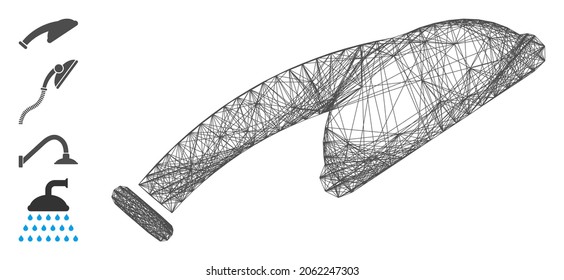 Vector net shower head. Geometric linear carcass 2D net made from shower head icon, designed from crossed lines. Some bonus icons are added.