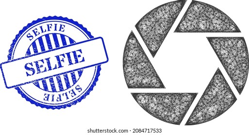 Vector net shutter frame    Selfie blue rosette scratched stamp  Crossed frame net illustration created from shutter icon  is made from crossed lines  Blue stamp seal has Selfie tag inside rosette 
