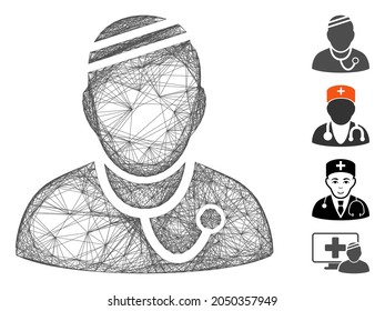 Vector net sick physician. Geometric hatched carcass flat net made from sick physician icon, designed with crossed lines. Some bonus icons are added.