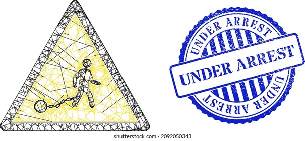 Vector net slave danger carcass, and Under Arrest blue rosette rubber seal imitation. Linear carcass net illustration designed with slave danger pictogram, made with intersected lines.
