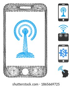 Control de radio por teléfono inteligente Vector net. Red 2D de canal lineal geométrica hecha a partir de un icono de control de radio para smartphone, diseñado a partir de líneas cruzadas. Se añaden algunos iconos adicionales.