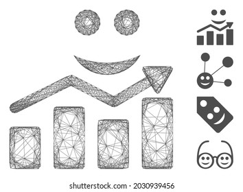 Gráfica de crecimiento de sonrisa de red vectorial. Red plana con tramo geométrico hecha de un icono de gráfico de crecimiento de sonrisa, diseñada a partir de líneas cruzadas. Se añaden algunos iconos adicionales.
