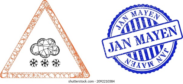 Vector net snow warning frame, and Jan Mayen blue rosette corroded seal print. Hatched frame net symbol designed with snow warning icon, generated with crossed lines.
