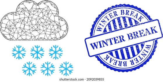 Vector net snow weather carcass, and Winter Break blue rosette rubber stamp. Crossed frame network illustration created from snow weather icon, is generated from crossed lines.