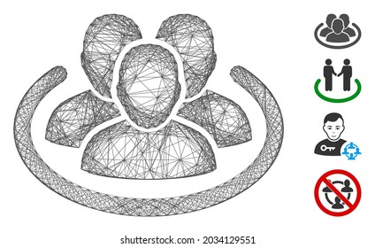 Vector Net Social Network. Geometric Hatched Carcass Flat Net Generated With Social Network Icon, Designed With Crossing Lines. Some Bonus Icons Are Added.