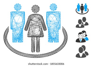 Vector net society. Geometric wire carcass 2D net made from society icon, designed from crossed lines. Some bonus icons are added.