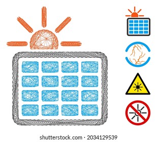 Energía solar neta de vectores. Red 2D de marco geométrico de alambre de hilo, hecha de un icono de energía solar, diseñada a partir de líneas cruzadas. Se añaden algunos iconos adicionales.