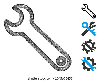 Vector net spanner. Geometric linear carcass flat network generated with spanner icon, designed with crossing lines. Some bonus icons are added.