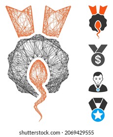 Ganador del esperma de red vectorial. Red plana de canales con tramo geométrico hecha de un icono del ganador del esperma, diseñada a partir de líneas cruzadas. Se añaden algunos iconos adicionales.