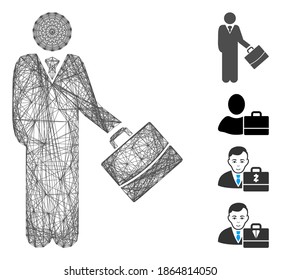 Vector net standing businessman. Geometric hatched frame flat net made from standing businessman icon, designed from intersected lines. Some bonus icons are added.