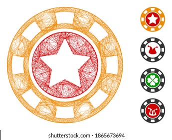 Vector net star casino chip. Geometric hatched carcass 2D net generated with star casino chip icon, designed with crossing lines. Some bonus icons are added.
