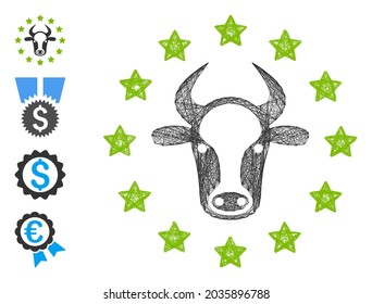 Toro con estrella de red de vectores. Red plana con marco de alambre geométrico hecha de un icono de toro estelar, diseñada a partir de líneas cruzadas. Se añaden algunos iconos adicionales.
