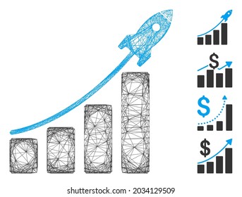 Vector net startup sales chart. Geometric hatched carcass flat net made from startup sales chart icon, designed from crossing lines. Some bonus icons are added.