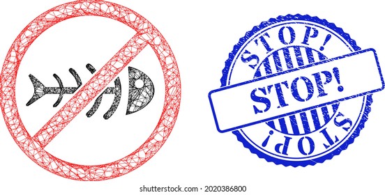 Vektor net stoppen giftigen Abfall Schlachtkörper und Stopp Exclamation blaue Rosette Grunge-Siegel. Lineare Karkassennetz-Symbol auf der Grundlage von Stopp giftigen Abfall Piktogramm, wird mit Kreuzlinien erstellt.