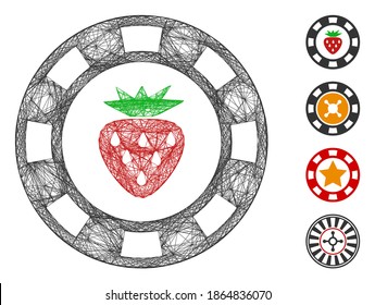 Vector net strawberry casino chip. Geometric hatched carcass 2D net made from strawberry casino chip icon, designed from crossed lines. Some bonus icons are added.
