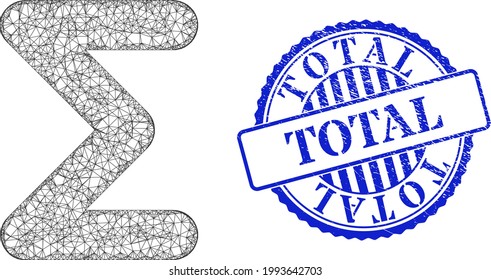 Vector Net Sum Carcass, And Total Blue Rosette Unclean Stamp. Crossed Carcass Net Symbol Designed With Sum Pictogram, Is Made From Crossed Lines. Blue Stamp Includes Total Text Inside Rosette.