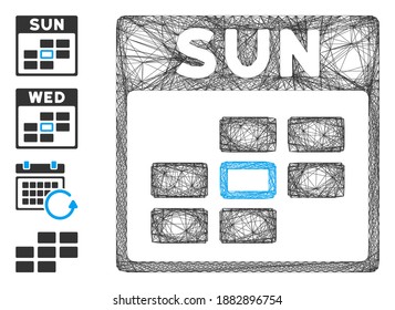 Cuadrícula de calendario de domingo de red de vectores. Red plana de canal geométrica generada con el icono de rejilla del calendario dominical, diseñada con líneas interseccionadas. Se añaden algunos iconos adicionales.