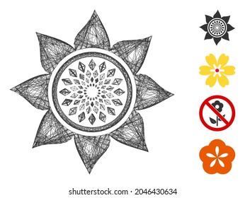 Vector net sunflower flower. Geometric hatched frame flat net made from sunflower flower icon, designed from intersected lines. Some additional icons are added.