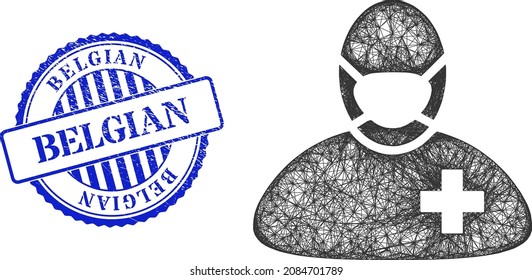 Vector net surgeon doctor wireframe, and Belgian blue rosette dirty stamp seal. Wire carcass net image designed with surgeon doctor pictogram, is generated with intersected lines.