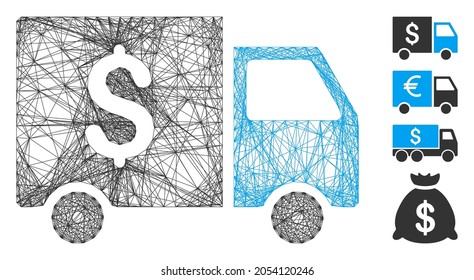 Vector net tax collector car. Geometric wire carcass 2D net generated with tax collector car icon, designed with crossing lines. Some bonus icons are added.