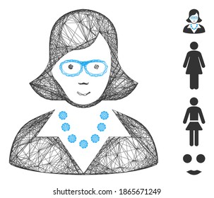 Vektor-Netzlehrerin Dame. Geometrisches lineares Karkasflachnetz aus dem Damensymbol der Lehrerin, entworfen aus Schnittlinien. Es werden einige Bonussymbole hinzugefügt.