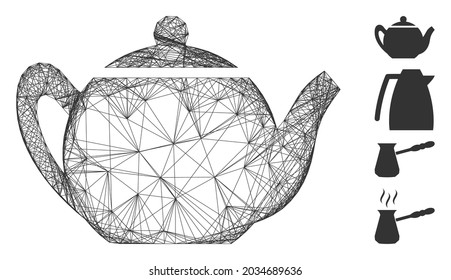 Vector net teapot. Geometric hatched frame 2D net made from teapot icon, designed from crossing lines. Some bonus icons are added.