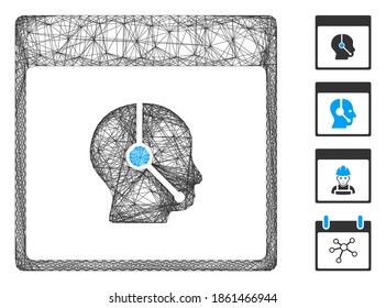 Página de calendario del operador de telemarketing de red de vectores. Red 2D de canal con eclosión geométrica hecha a partir del icono de la página del calendario del operador de telemarketing, diseñada a partir de líneas cruzadas. Se añaden algunos iconos adicionales.