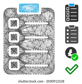 Vector net test tasks. Geometric linear frame 2D net generated with test tasks icon, designed with crossing lines. Some bonus icons are added.