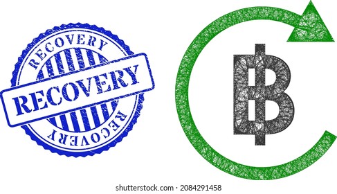 Vector net Thai baht repay model, and Recovery blue rosette textured stamp seal. Crossed carcass net image designed with Thai baht repay icon, made with crossed lines.