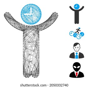 Jefe de tiempo de red de vectores. Red 2D de marco lineal geométrico a partir del icono de patrón de tiempo, diseñado a partir de líneas interseccionadas. Se agregan otros iconos.