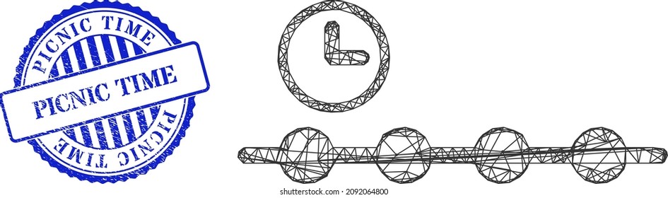 Vector net timeline frame, and Picnic Time blue round textured seal print. Wire frame network illustration created from timeline icon, created from intersected lines.