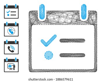 Vector net todo list calendar day. Geometric hatched carcass 2D net generated with todo list calendar day icon, designed with intersected lines. Some bonus icons are added.