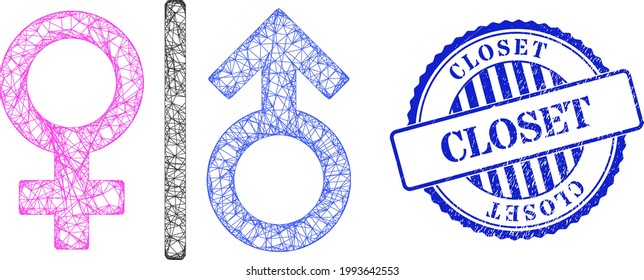 Vector Net Toilet Gender Symbol Frame, And Closet Blue Rosette Textured Stamp. Wire Frame Network Image Created From Toilet Gender Symbol Icon, Is Created From Intersected Lines.