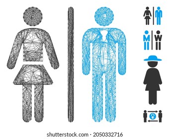 WC-Personen mit Vektornetz. Geometrisches Drahtseilnetz, das mit dem Symbol für Toilettenpersonen erzeugt wird und mit Schnittlinien konstruiert ist. Es werden einige zusätzliche Symbole hinzugefügt.