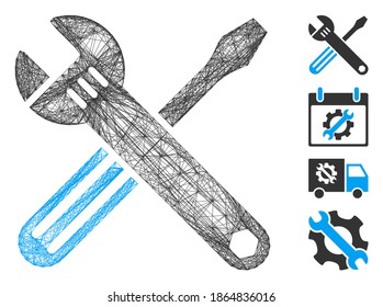 Vector net tools. Geometric hatched frame flat net generated with tools icon, designed from crossed lines. Some bonus icons are added.